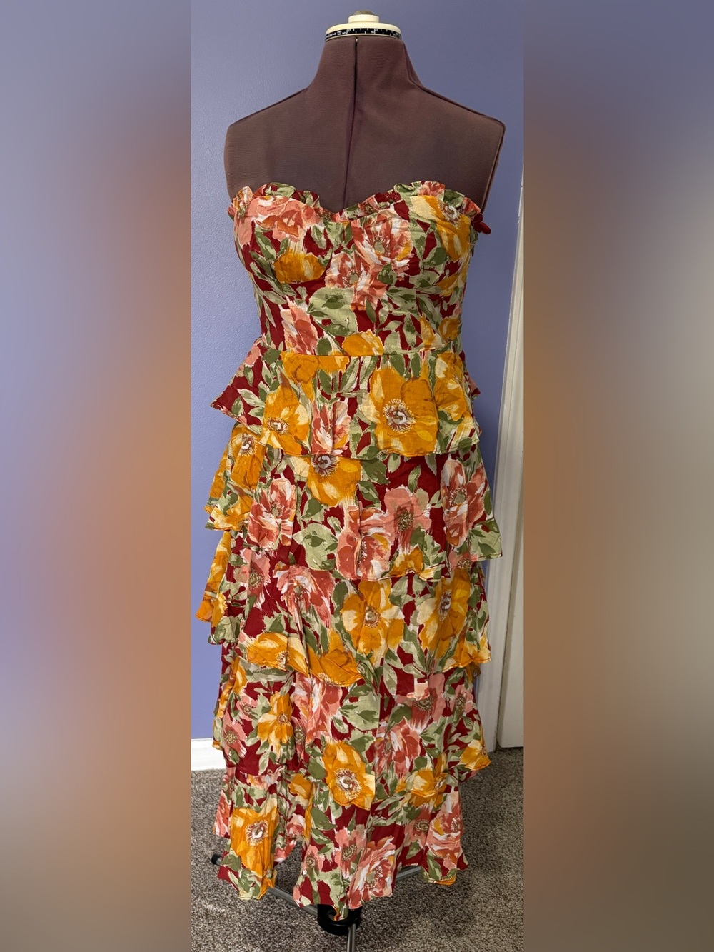 Lulu's Red Floral Tiered Ruffle Dress with Yellow & Green Accents